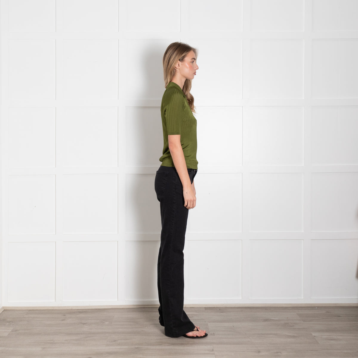 Acne Studios Green Ribbed Knit Short Sleeve Polo Top