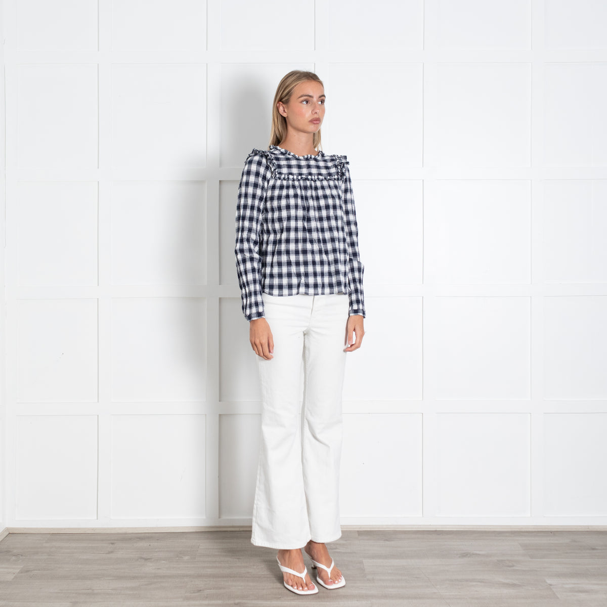 By Iris Navy White Checked Ruffle Trim Blouse