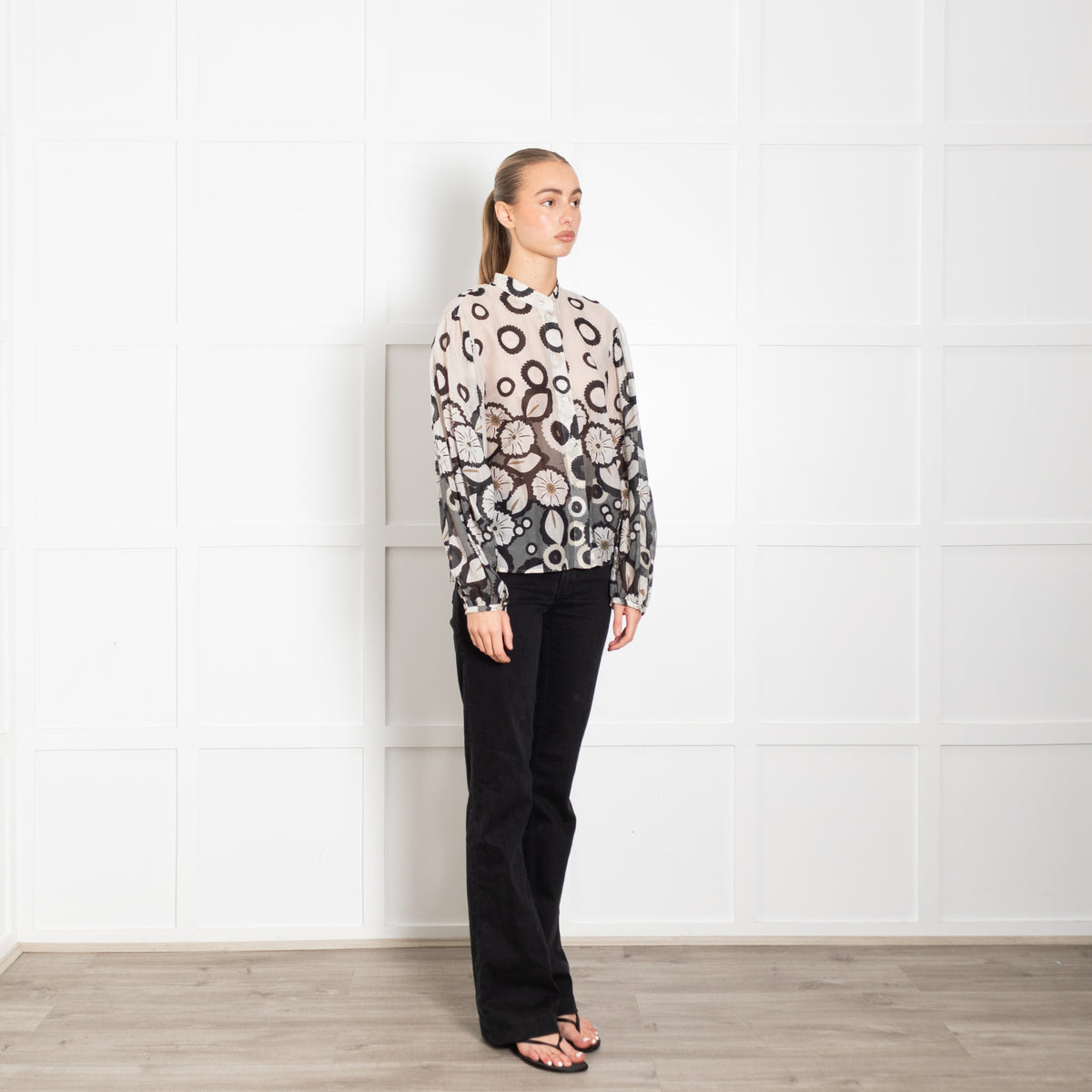 Luisa Cerano Cream Blouse With Black And Grey Circle Pattern