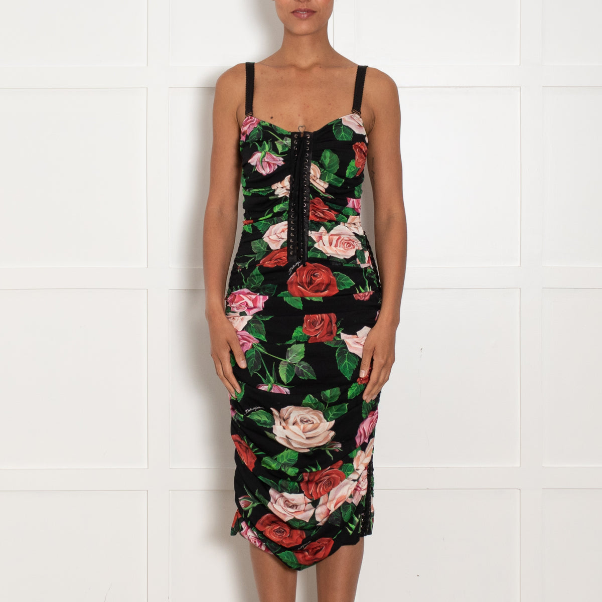 Dolce & Gabbana Black Red Rose Lace Up Sleeveless Dress