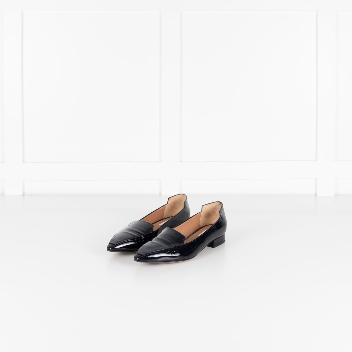 The Fold Dark Navy Patent Leather Pointed Toe Bianco Flat Shoes