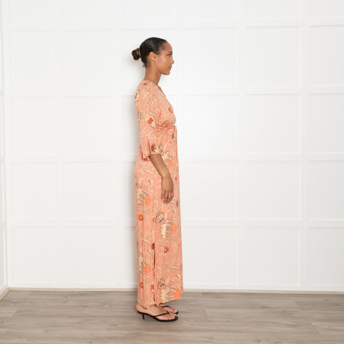 Second Female Pale Orange Patterned  V Neck Dress With Tie Front