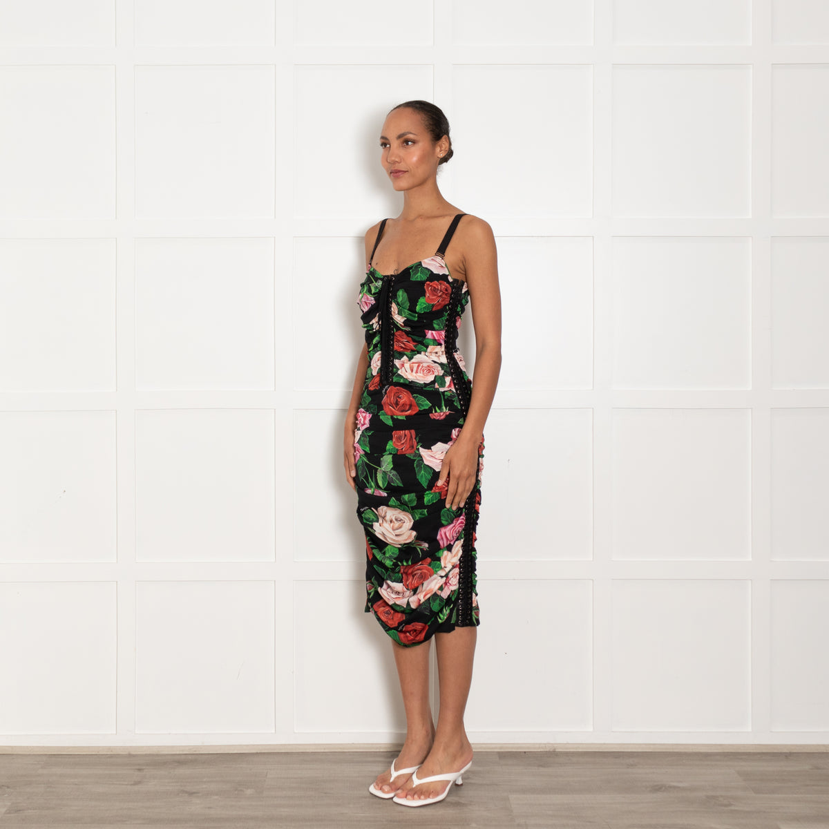 Dolce & Gabbana Black Red Rose Lace Up Sleeveless Dress