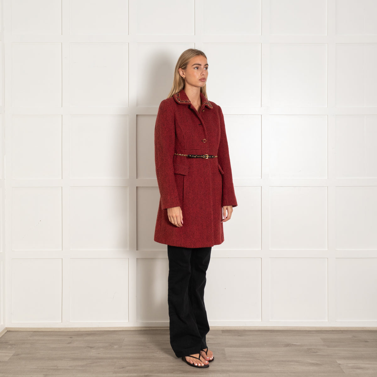 Miu Miu Red Tweed Embellished Collar Belted Coat