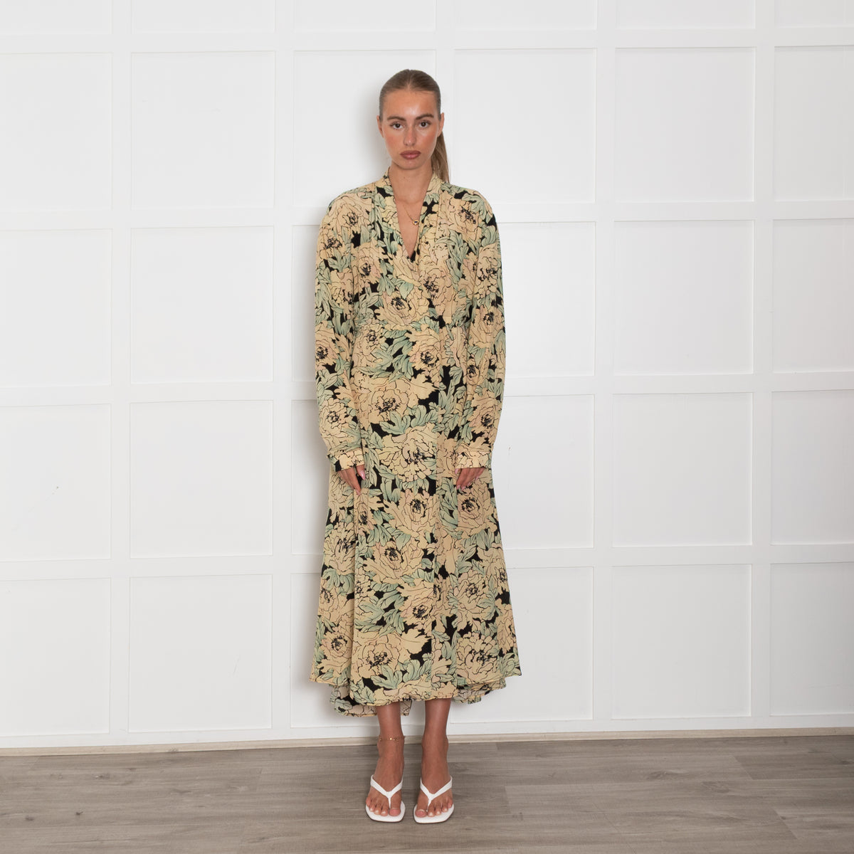 Raey Beige Green Floral Silk Wrap Maxi Dress