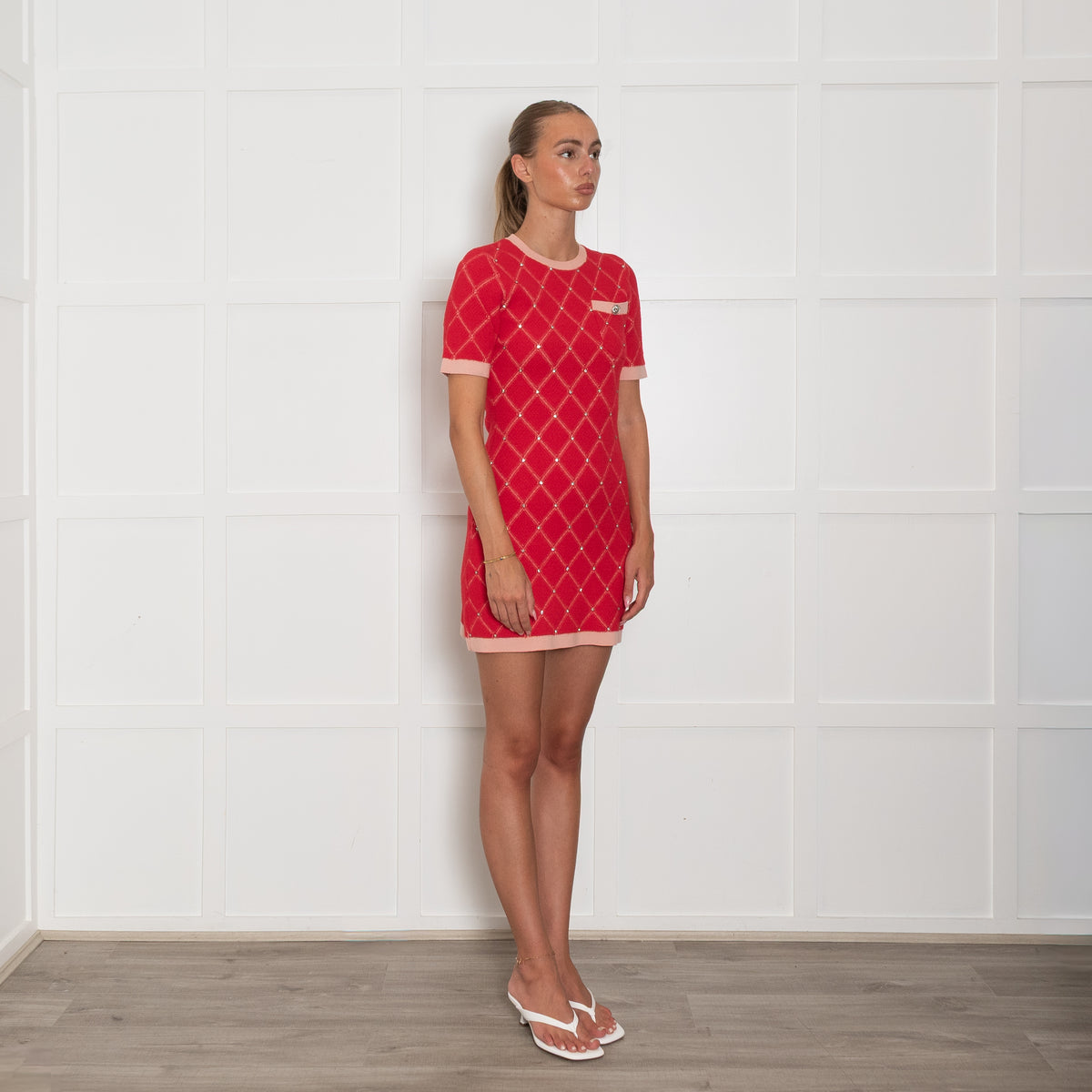 Sandro Red and Pink Jacquard Knit Mini Dress with Crystal Details