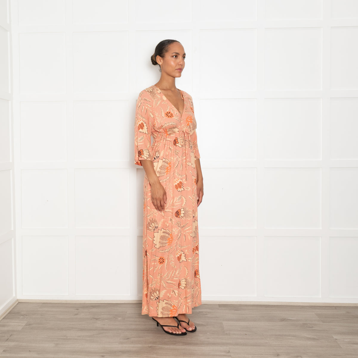Second Female Pale Orange Patterned  V Neck Dress With Tie Front