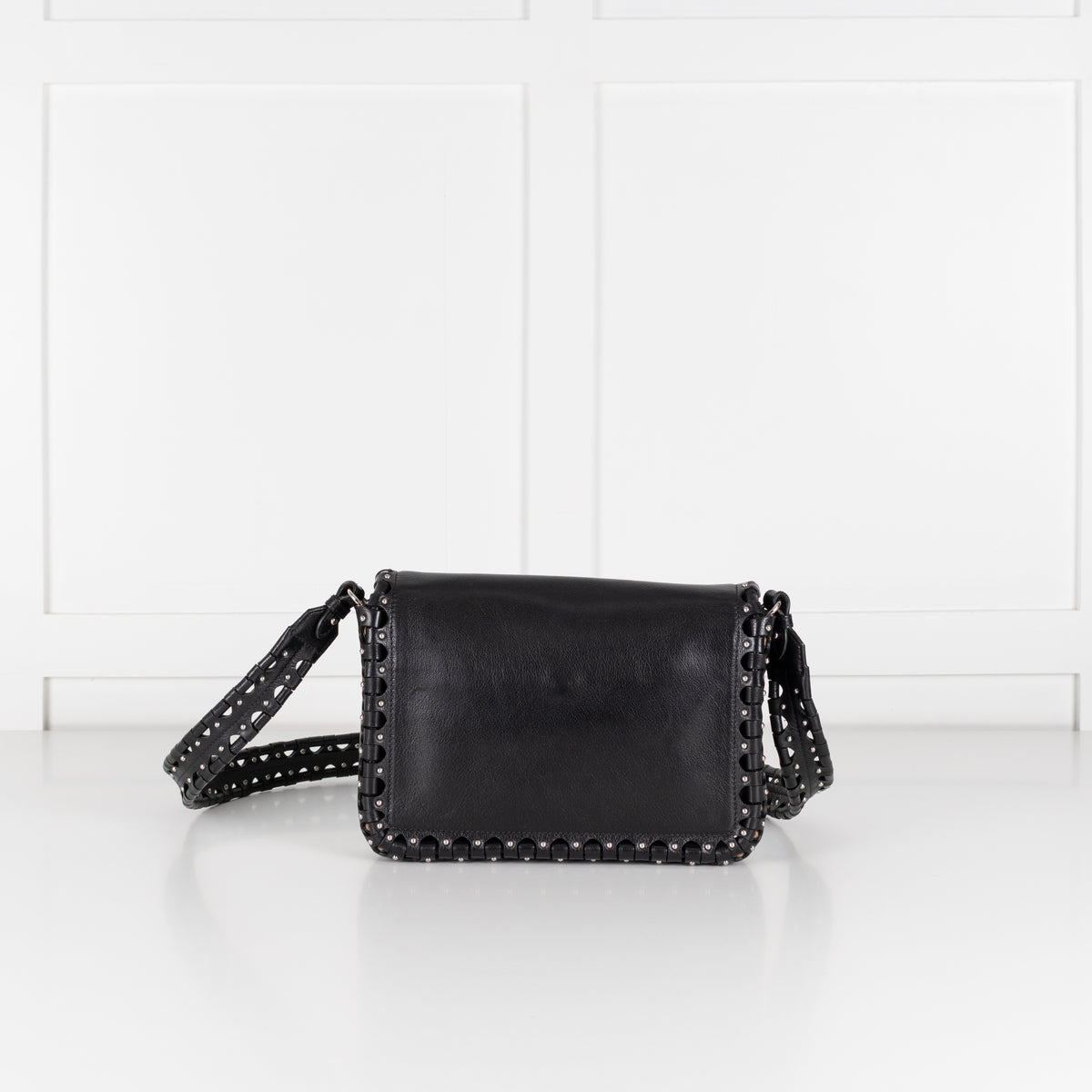 Alaia Black Leather Silver Stud Hinge Flap Crossbody Bag