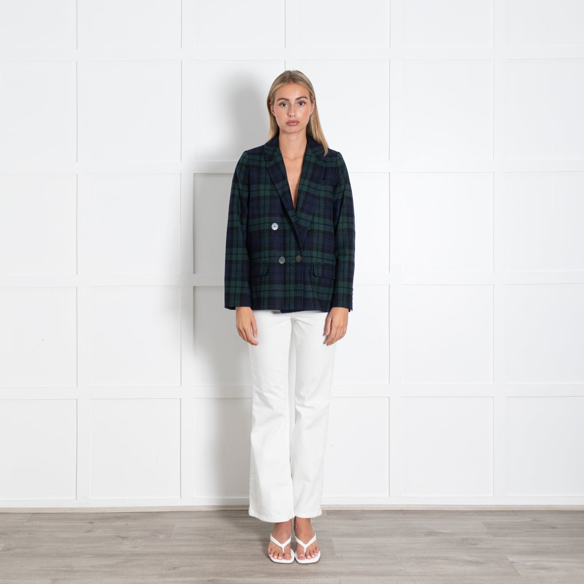 Sezane Navy Black Green Checked Double Breasted Jacket