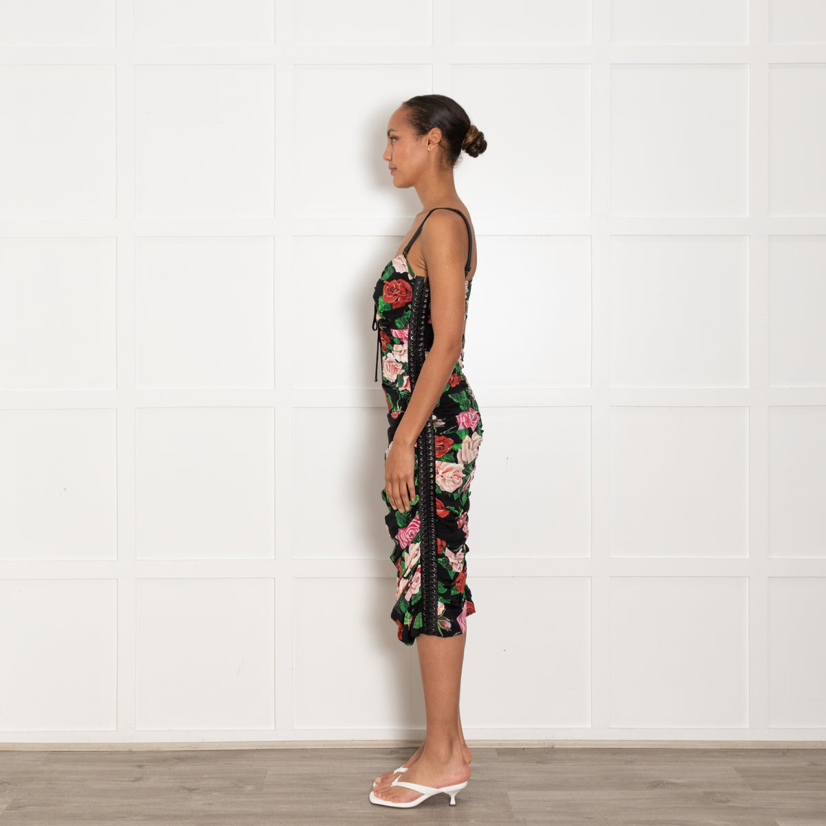 Dolce & Gabbana Black Red Rose Lace Up Sleeveless Dress