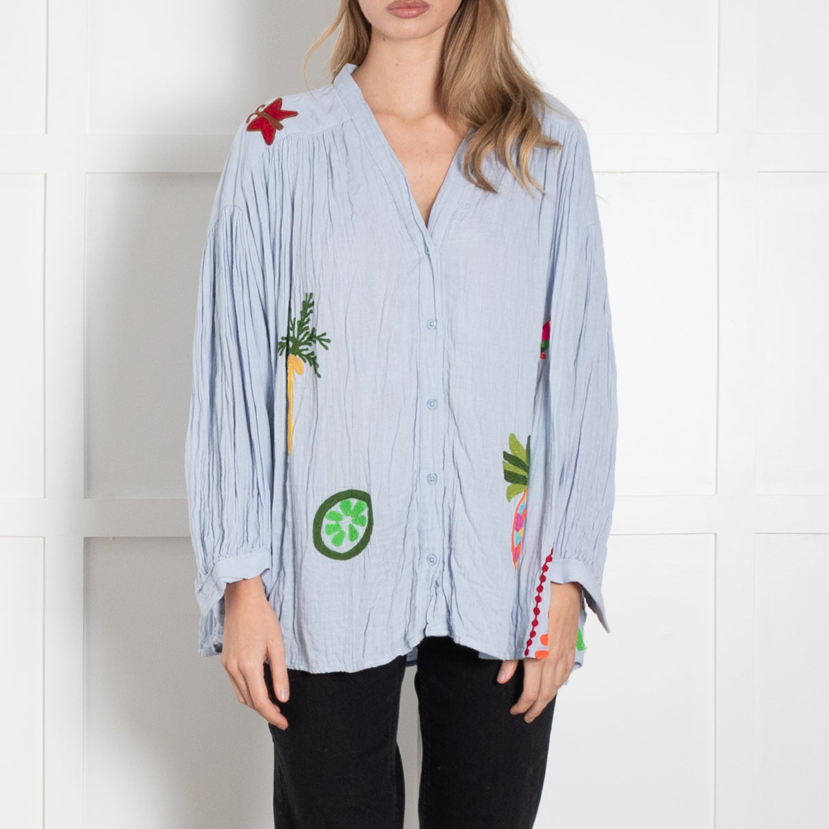 Un Dimanche A Paris Pale Blue Embroidered Cheesecloth Blouse