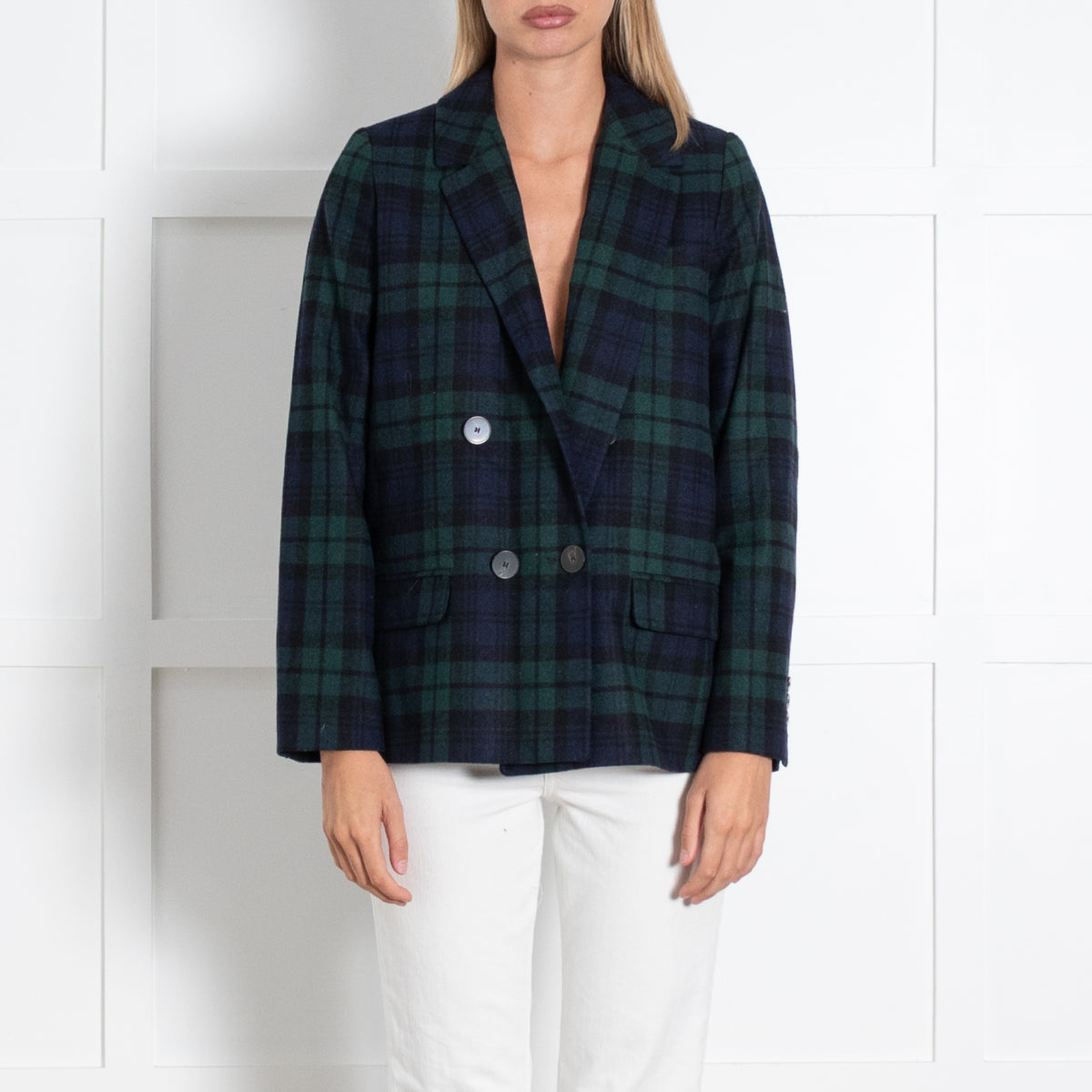 Sezane Navy Black Green Checked Double Breasted Jacket