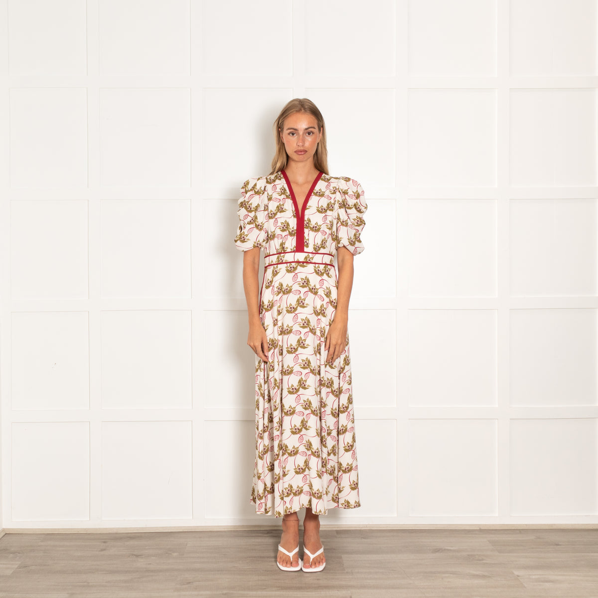 Me  + Em Cream and Burgundy  Silk Waterlily Print Dress
