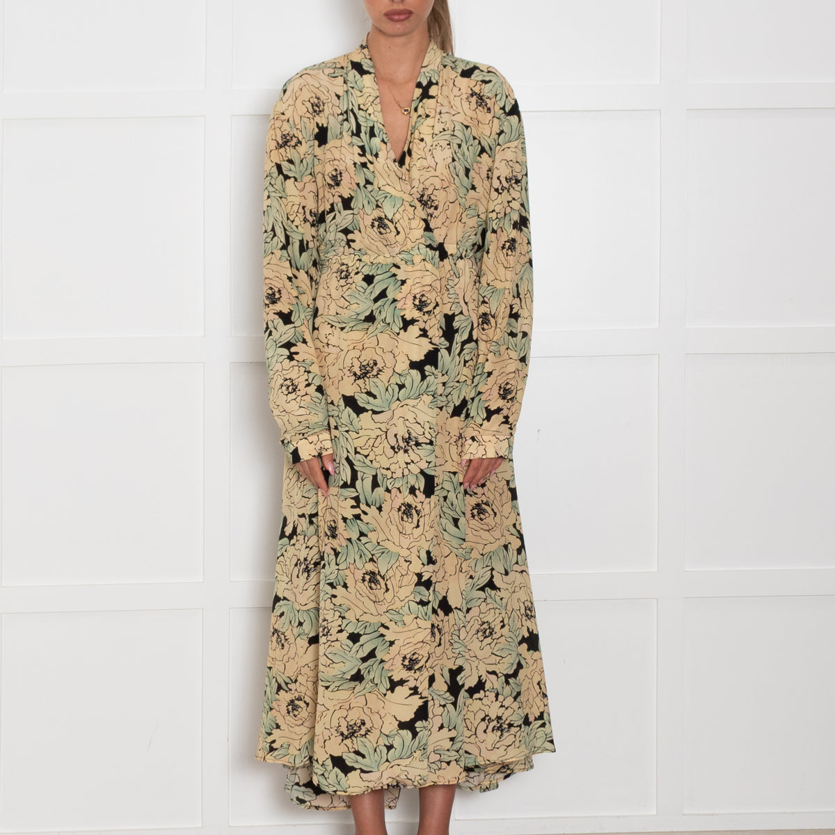 Raey Beige Green Floral Silk Wrap Maxi Dress