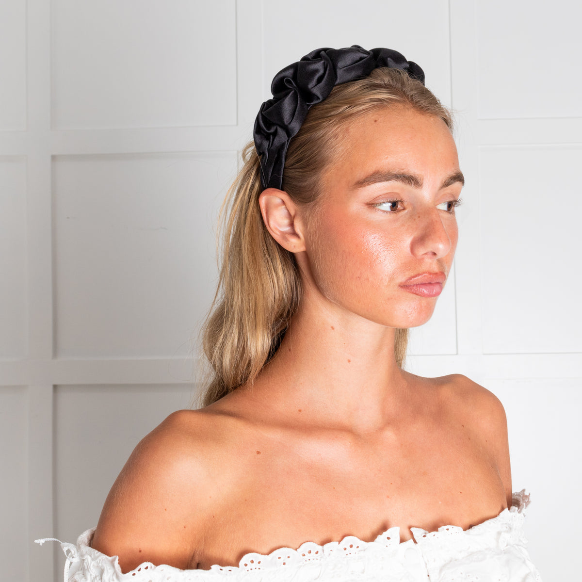 Jennifer Behr Black Ruched Satin Headband