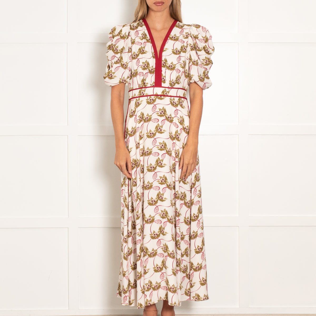 Me  + Em Cream and Burgundy  Silk Waterlily Print Dress
