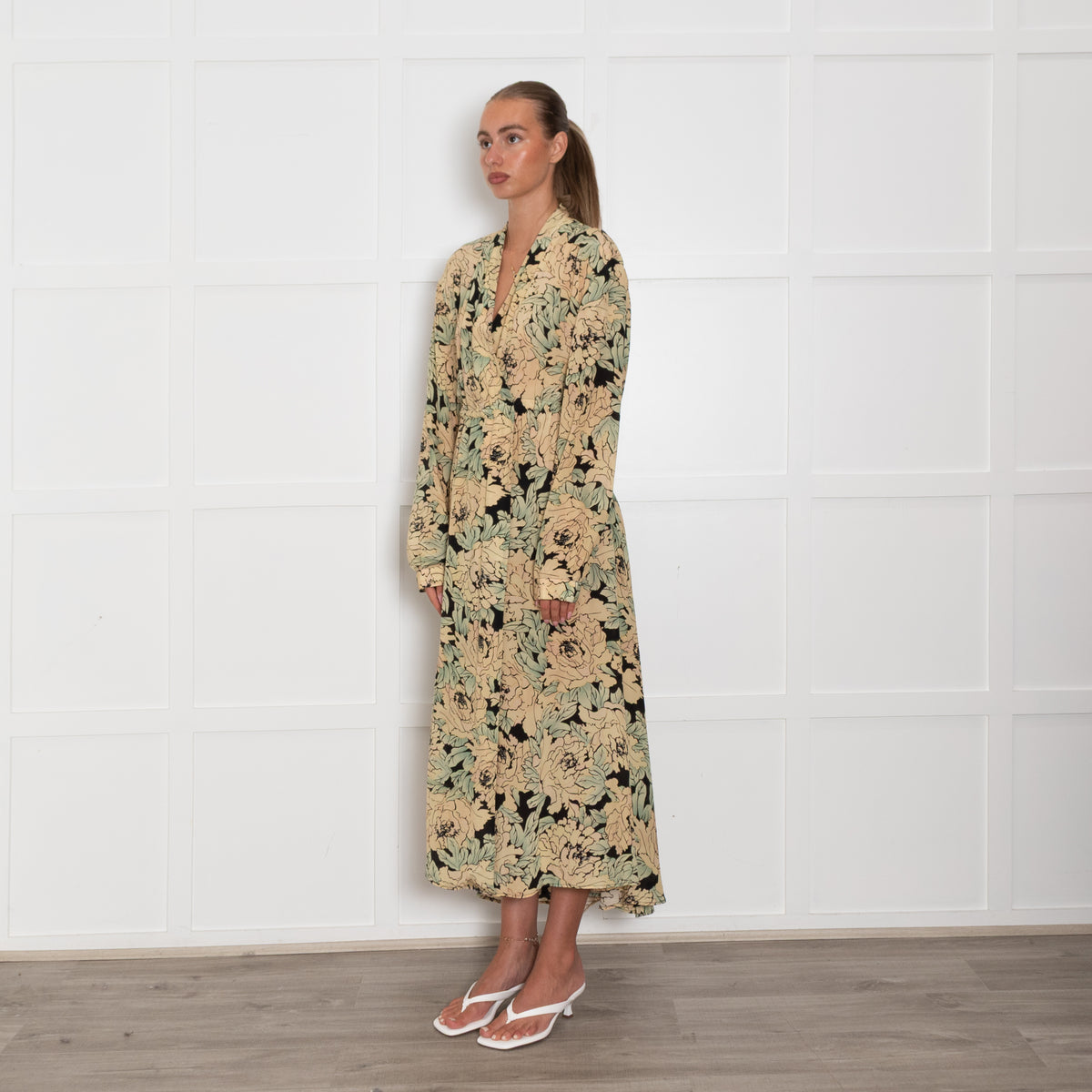 Raey Beige Green Floral Silk Wrap Maxi Dress