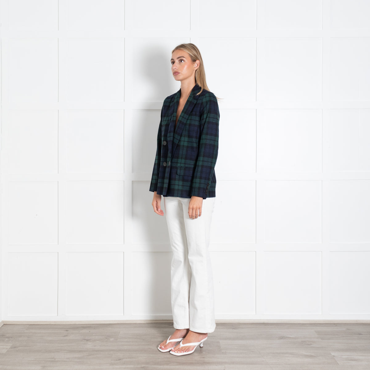 Sezane Navy Black Green Checked Double Breasted Jacket