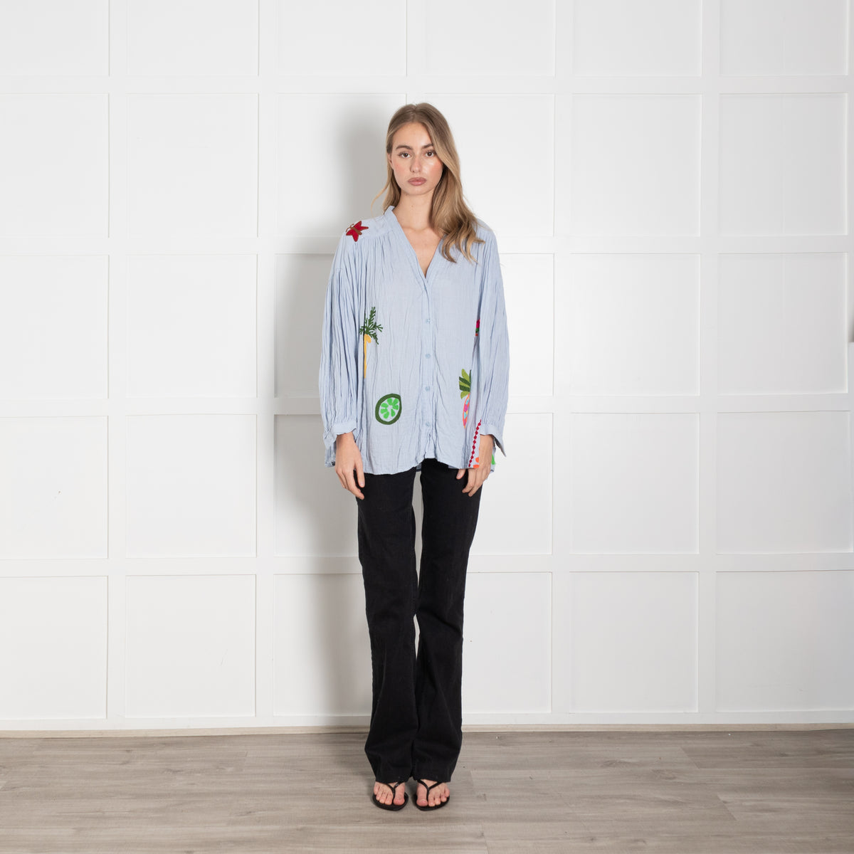 Un Dimanche A Paris Pale Blue Embroidered Cheesecloth Blouse
