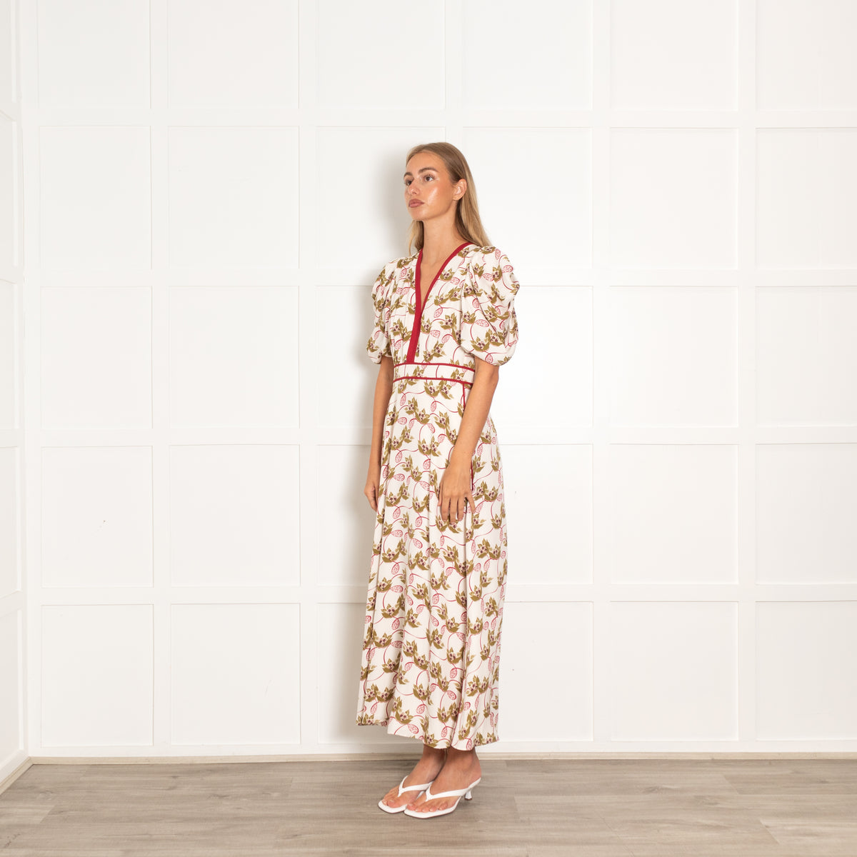 Me  + Em Cream and Burgundy  Silk Waterlily Print Dress
