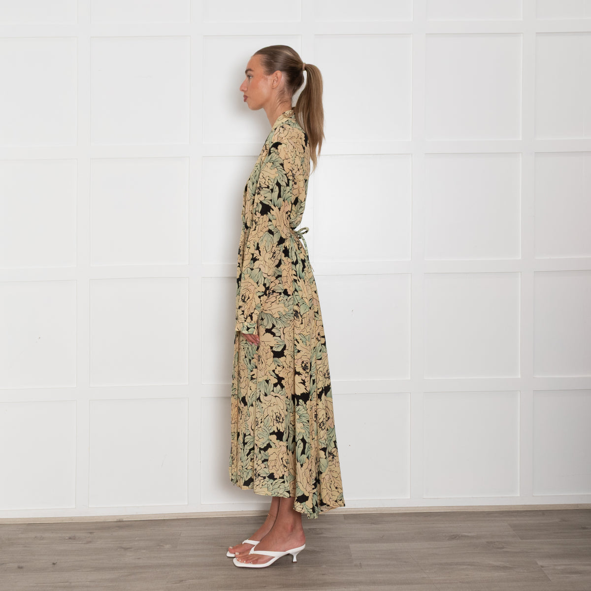 Raey Beige Green Floral Silk Wrap Maxi Dress