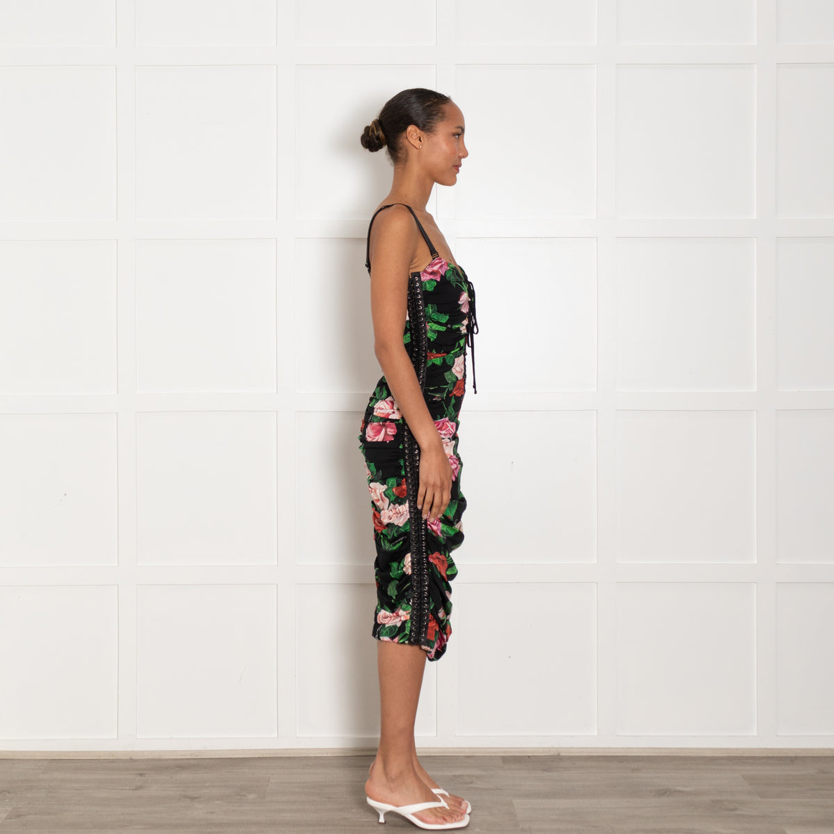 Dolce & Gabbana Black Red Rose Lace Up Sleeveless Dress