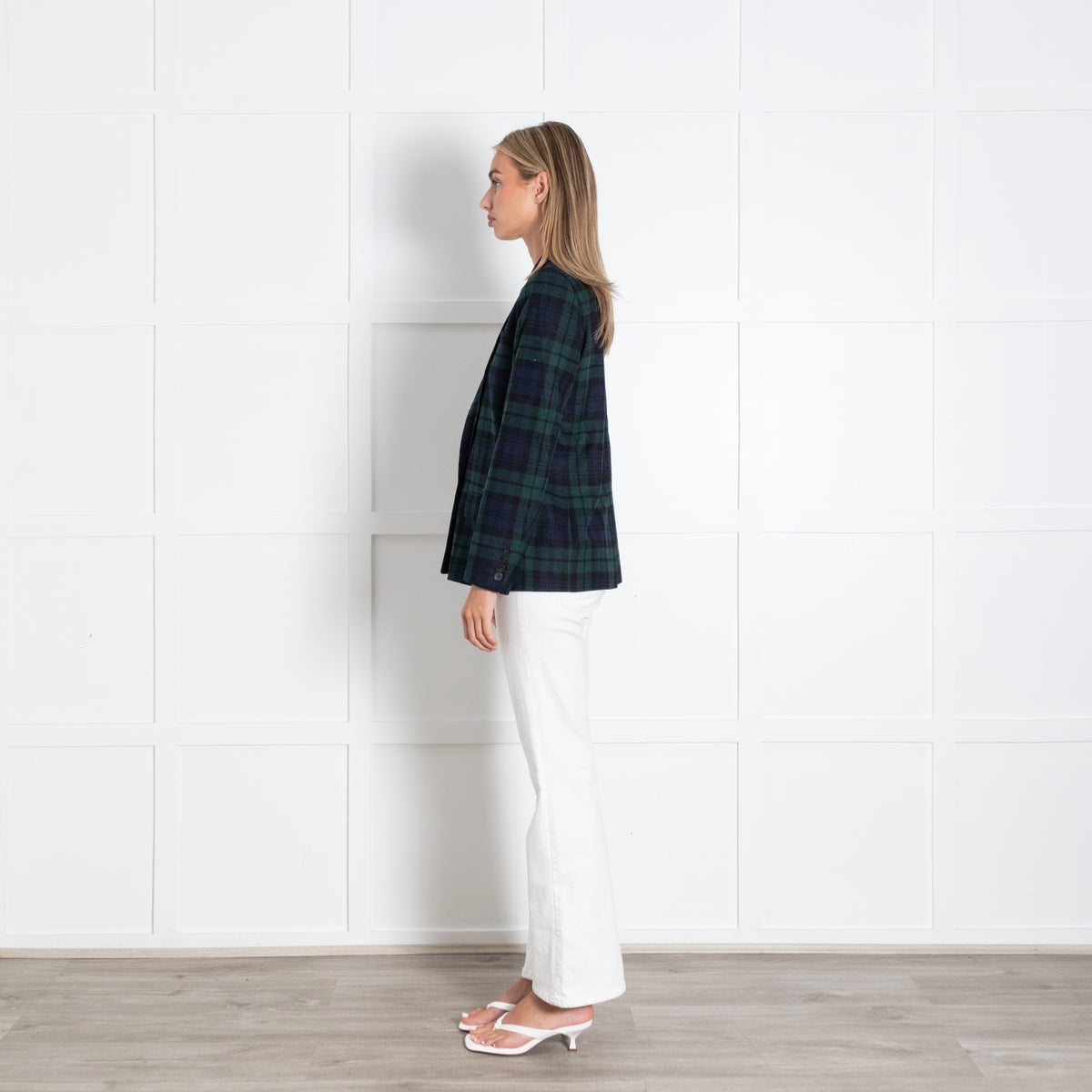 Sezane Navy Black Green Checked Double Breasted Jacket