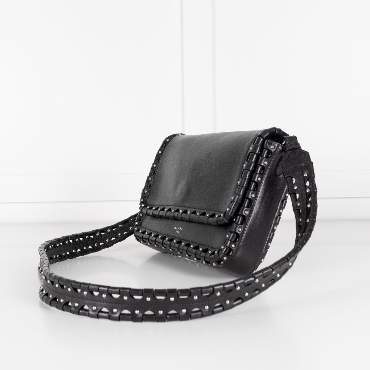 Alaia Black Leather Silver Stud Hinge Flap Crossbody Bag