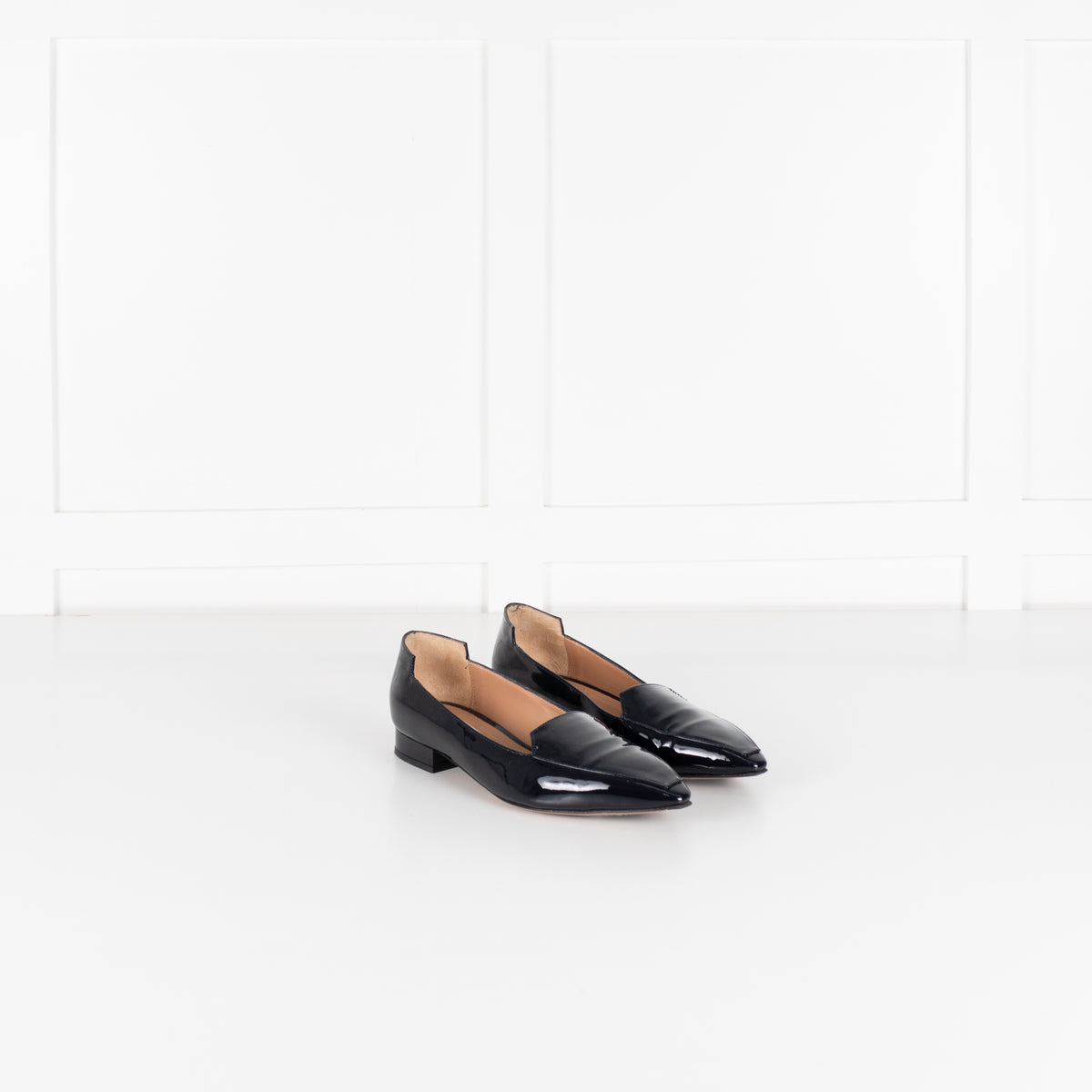 The Fold Dark Navy Patent Leather Pointed Toe Bianco Flat Shoes