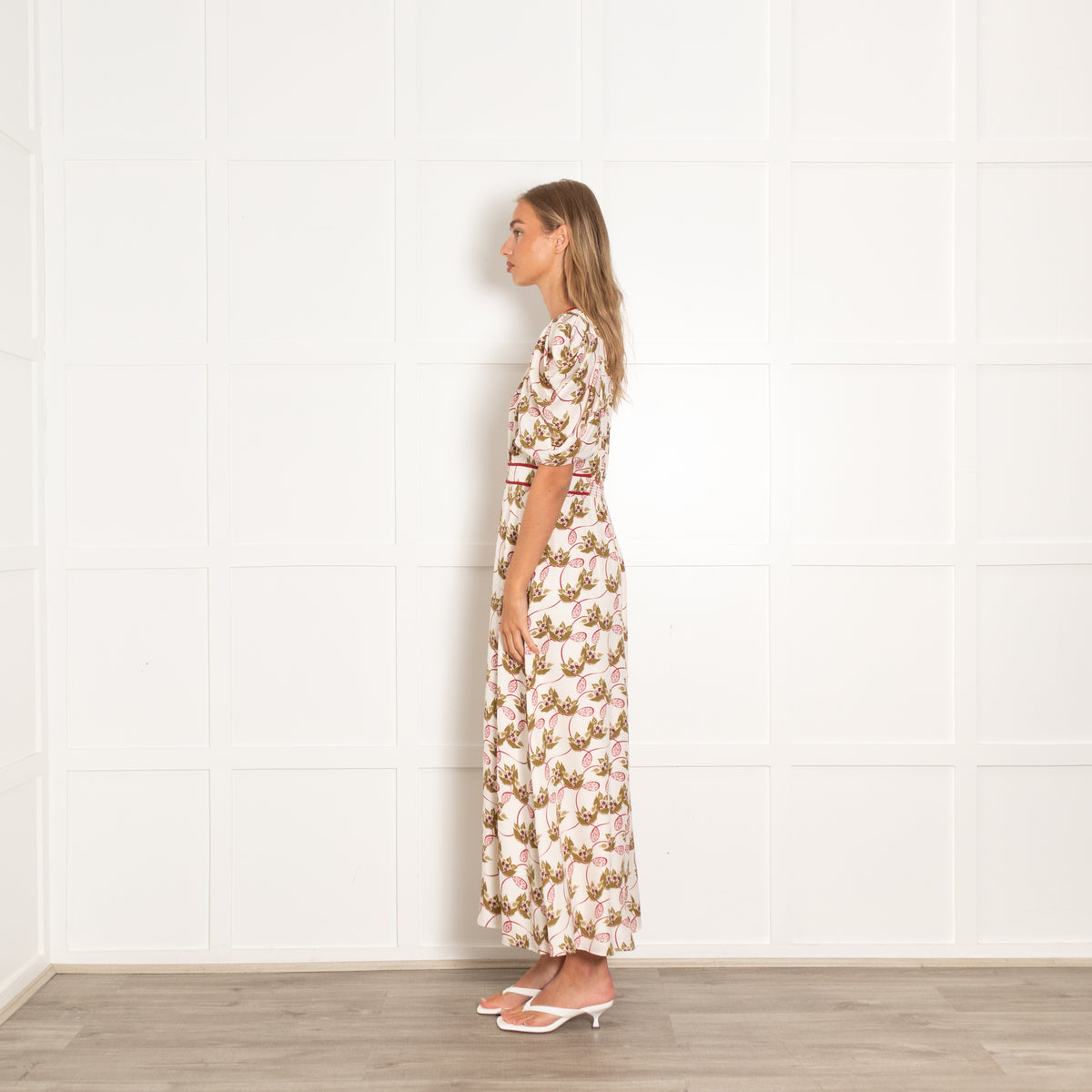 Me  + Em Cream and Burgundy  Silk Waterlily Print Dress