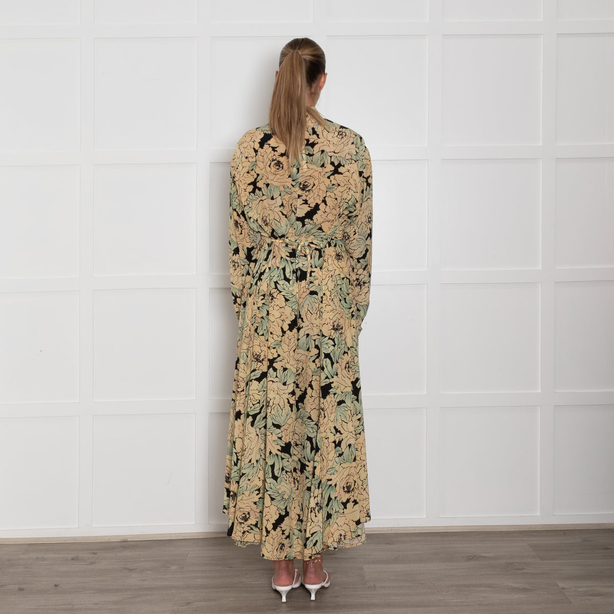 Raey Beige Green Floral Silk Wrap Maxi Dress