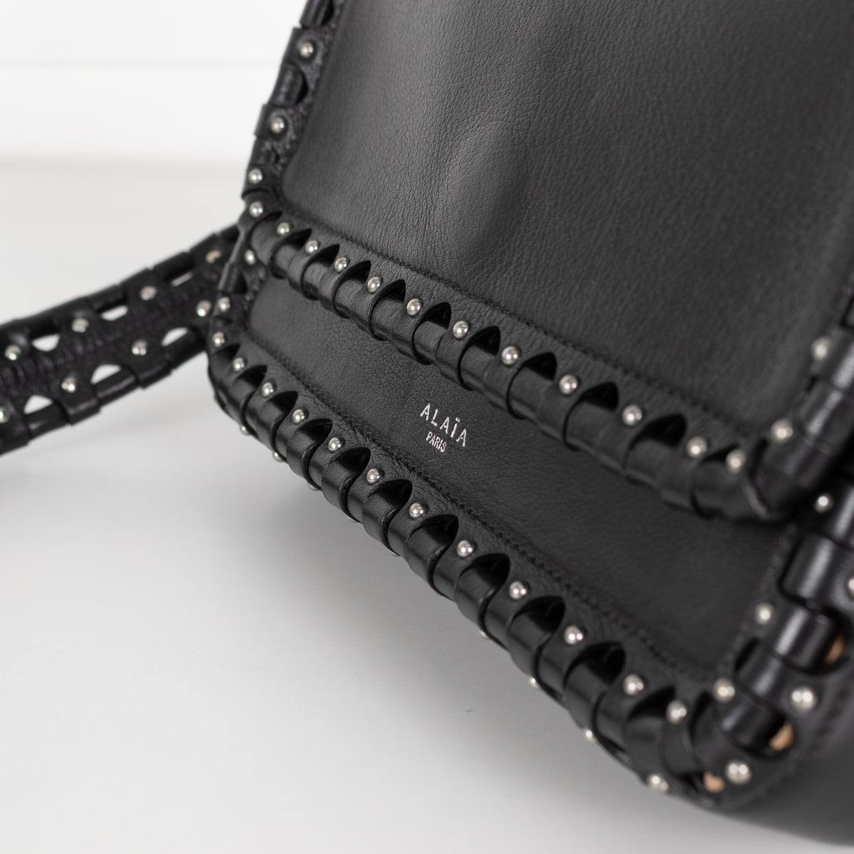 Alaia Black Leather Silver Stud Hinge Flap Crossbody Bag