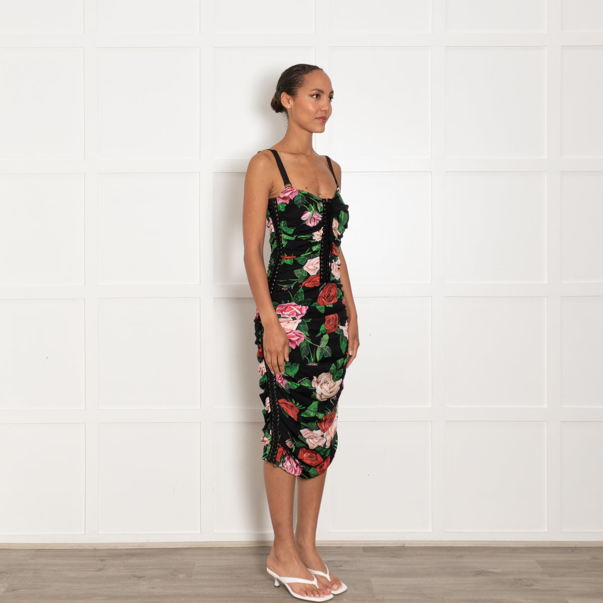 Dolce & Gabbana Black Red Rose Lace Up Sleeveless Dress