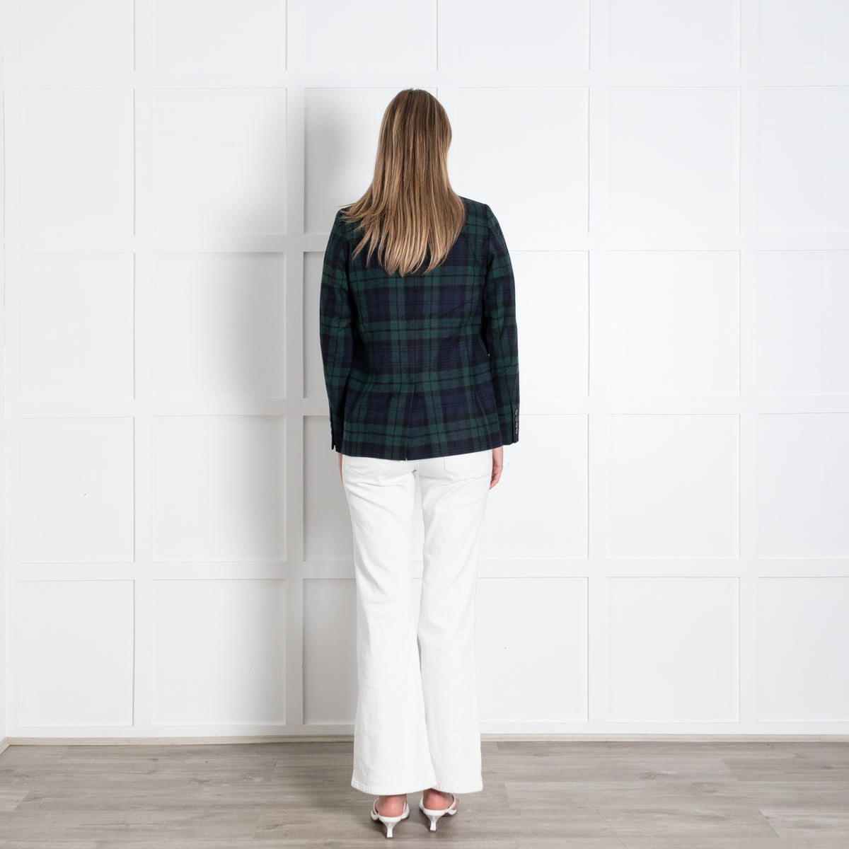 Sezane Navy Black Green Checked Double Breasted Jacket