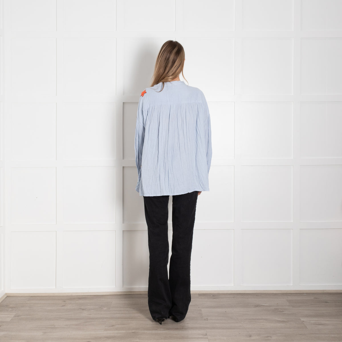 Un Dimanche A Paris Pale Blue Embroidered Cheesecloth Blouse