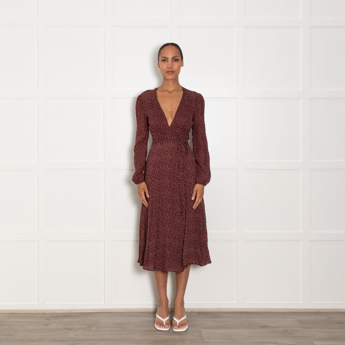 Reformation Burgundy Red Cream Micro flower Wrap Dress