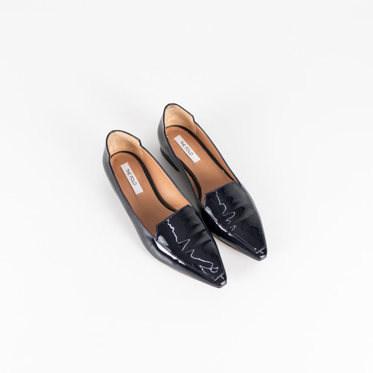 The Fold Dark Navy Patent Leather Pointed Toe Bianco Flat Shoes