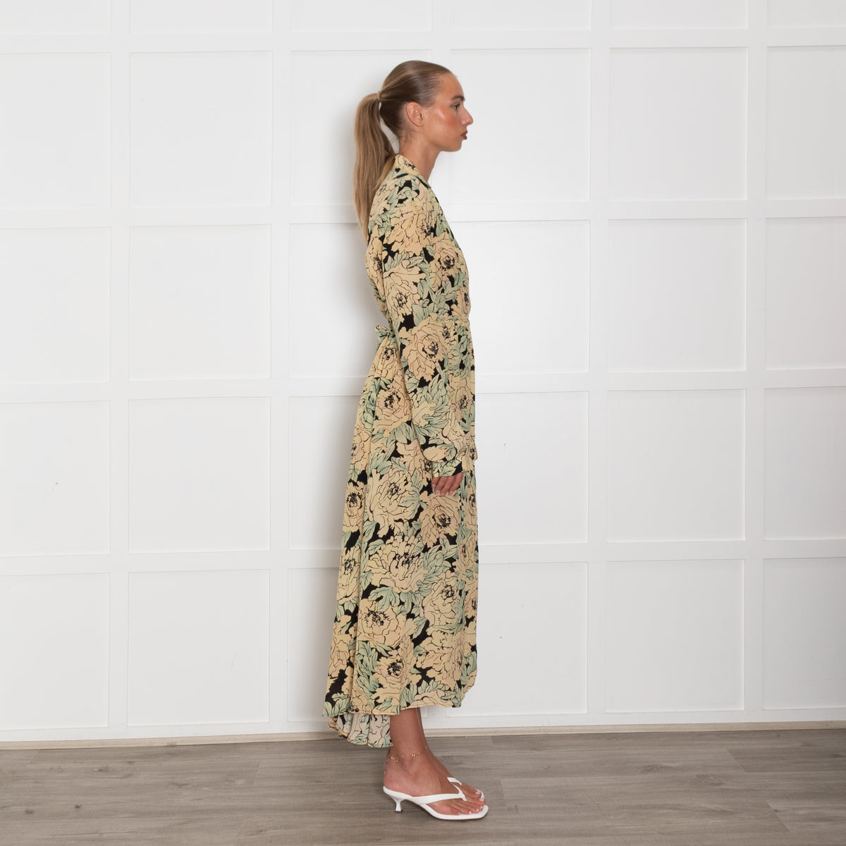 Raey Beige Green Floral Silk Wrap Maxi Dress
