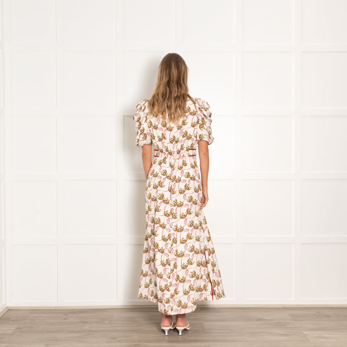 Me  + Em Cream and Burgundy  Silk Waterlily Print Dress