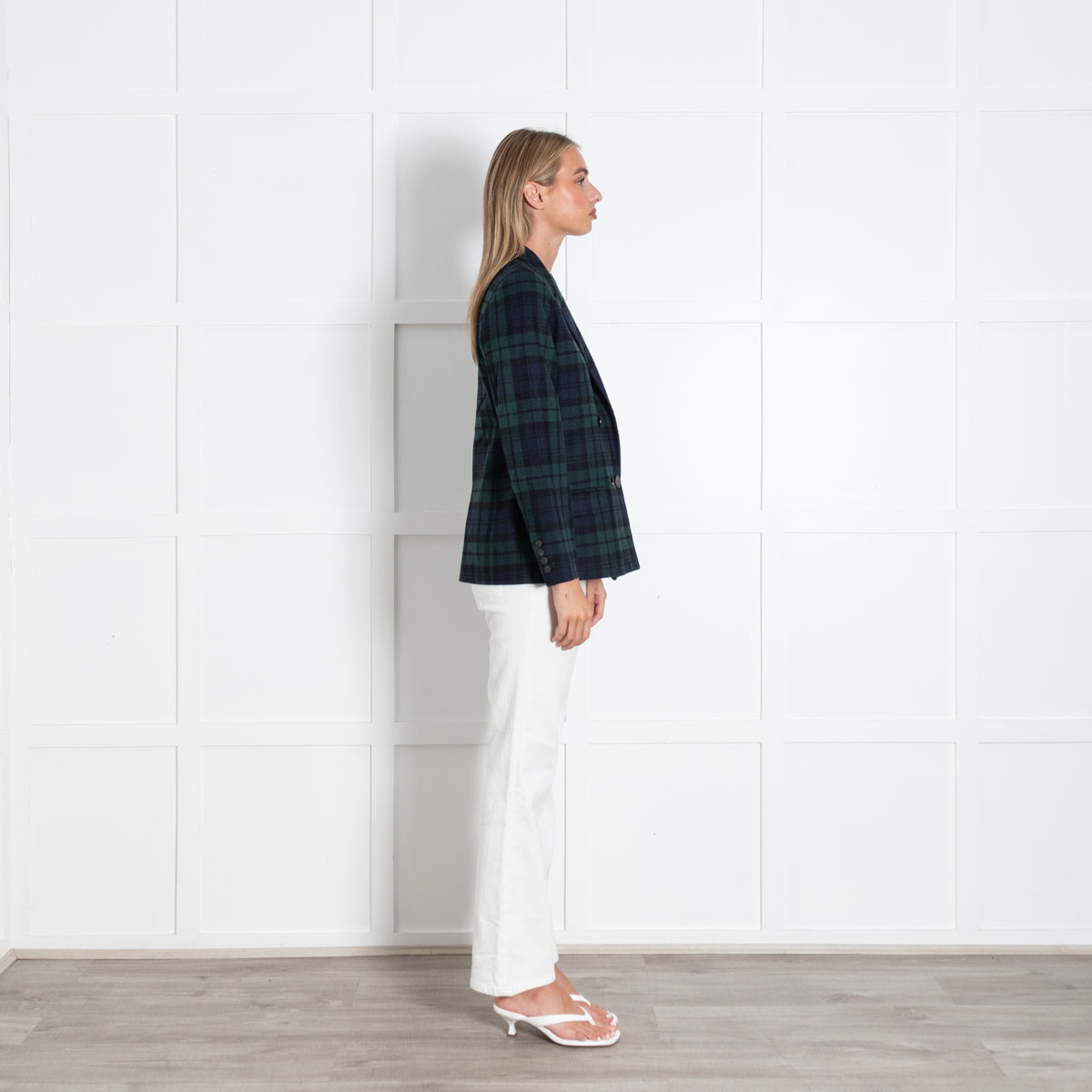 Sezane Navy Black Green Checked Double Breasted Jacket