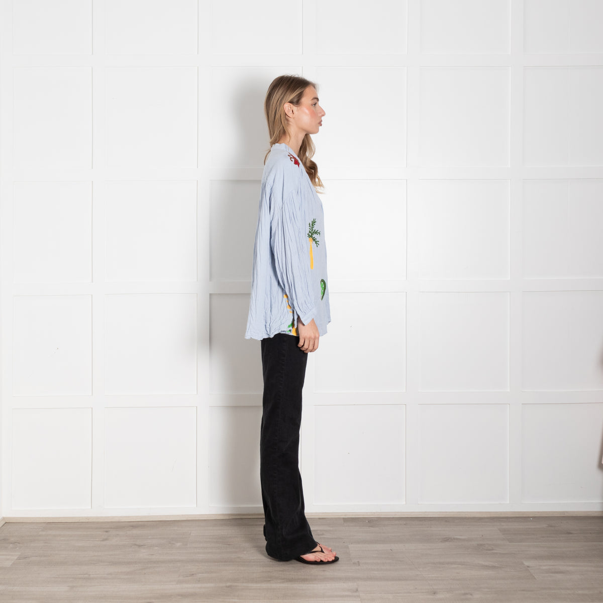 Un Dimanche A Paris Pale Blue Embroidered Cheesecloth Blouse