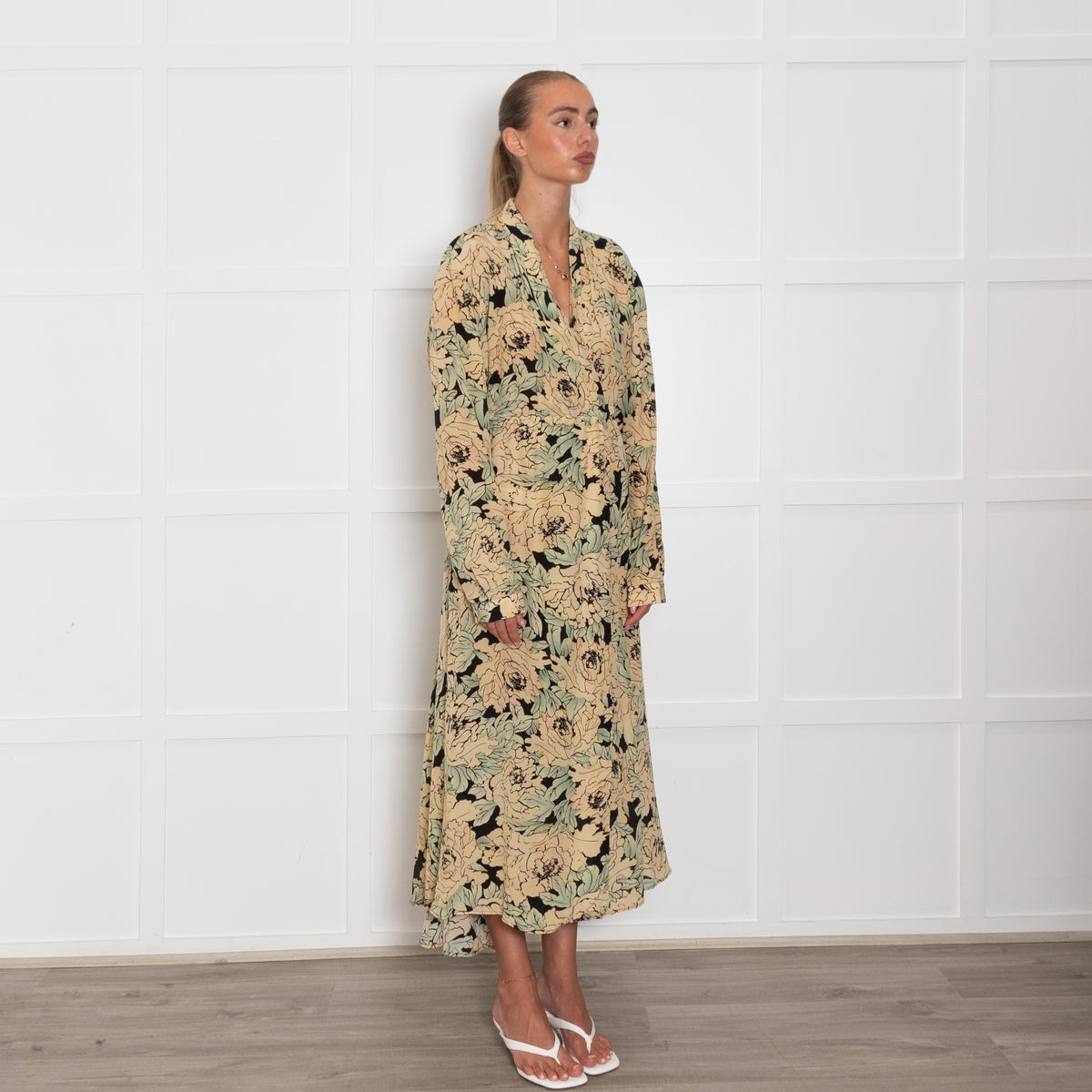 Raey Beige Green Floral Silk Wrap Maxi Dress