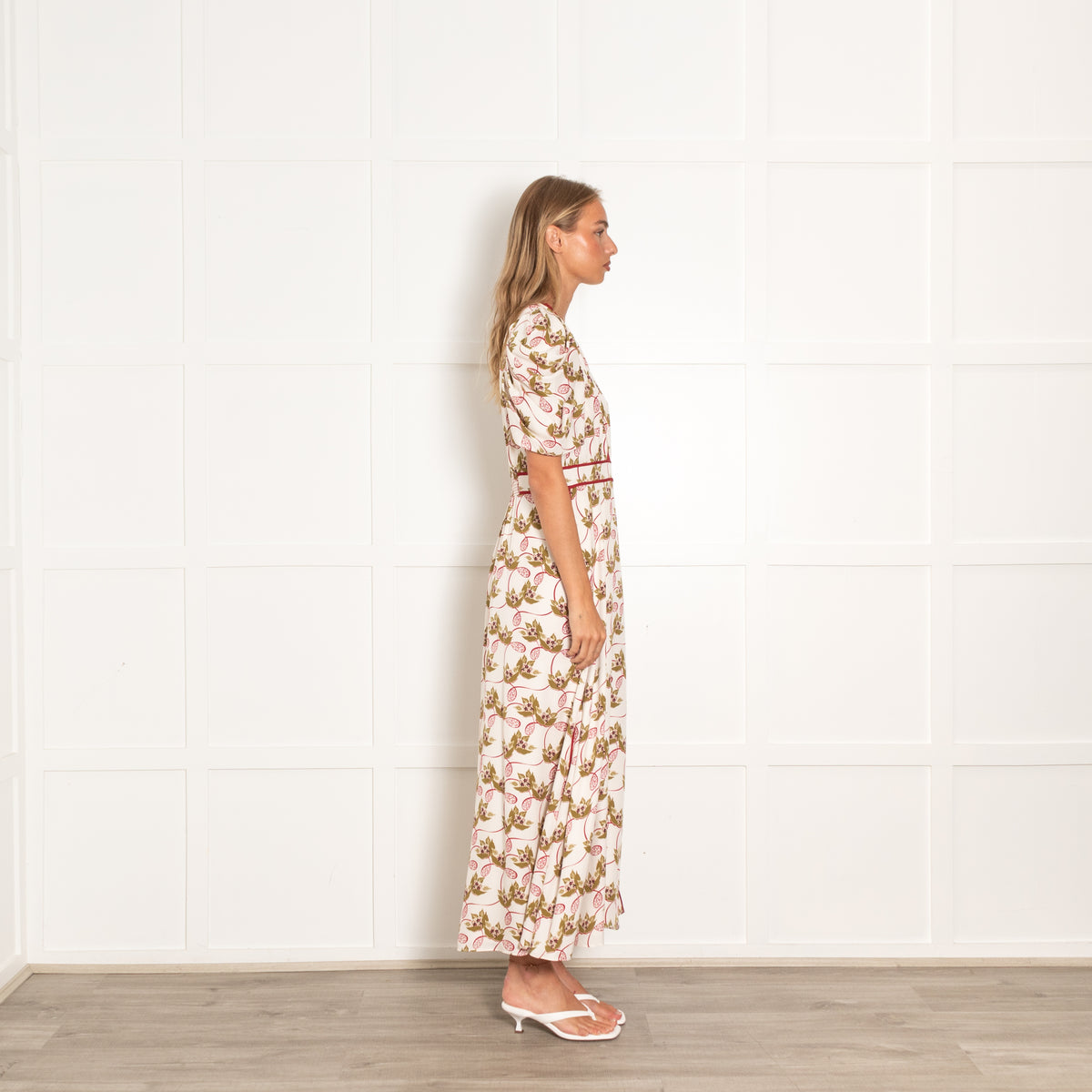 Me  + Em Cream and Burgundy  Silk Waterlily Print Dress