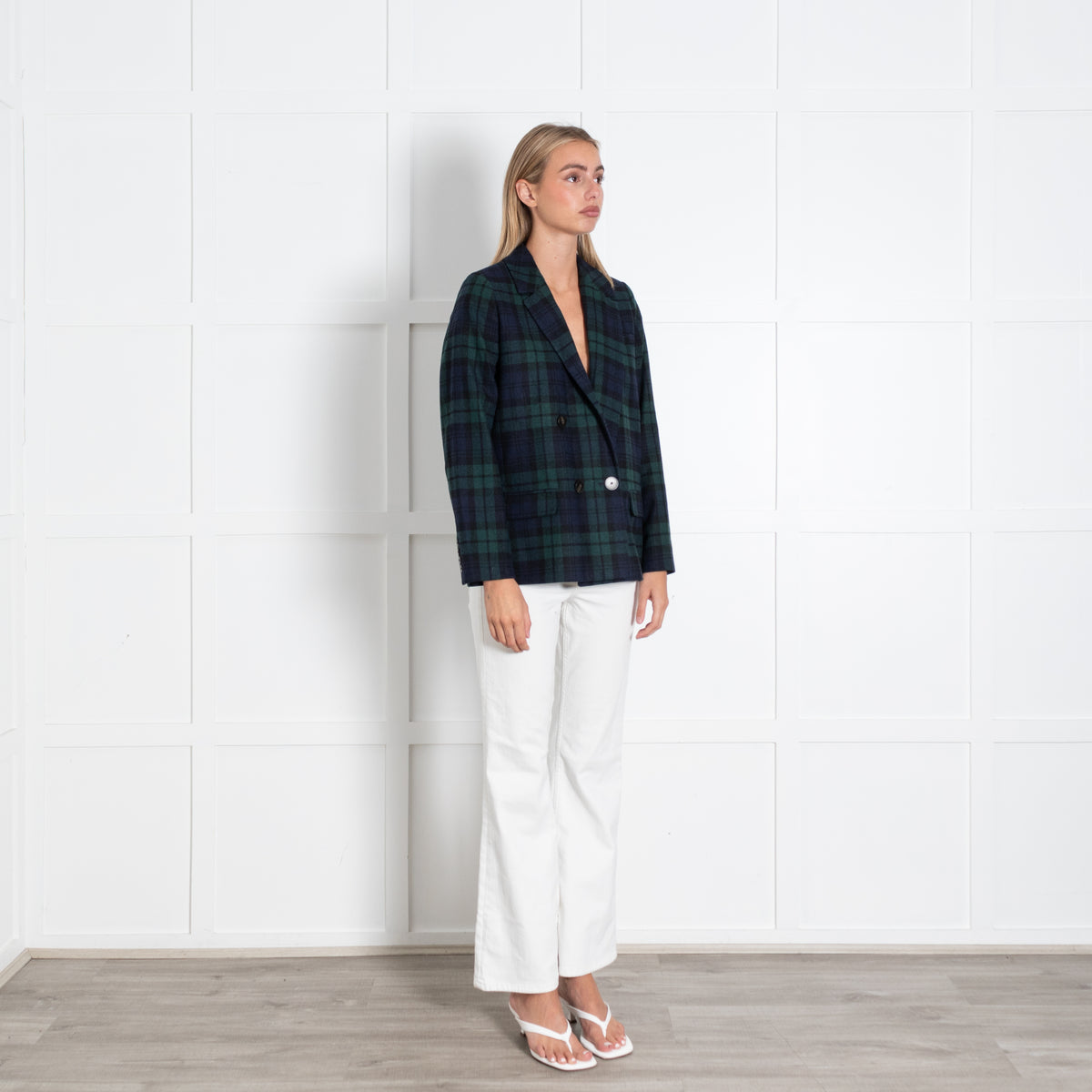 Sezane Navy Black Green Checked Double Breasted Jacket