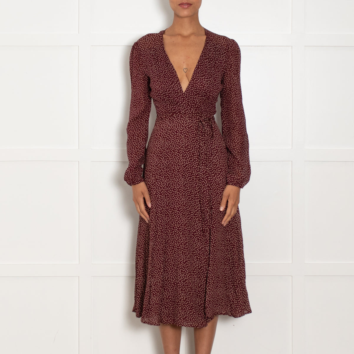 Reformation Burgundy Red Cream Micro flower Wrap Dress