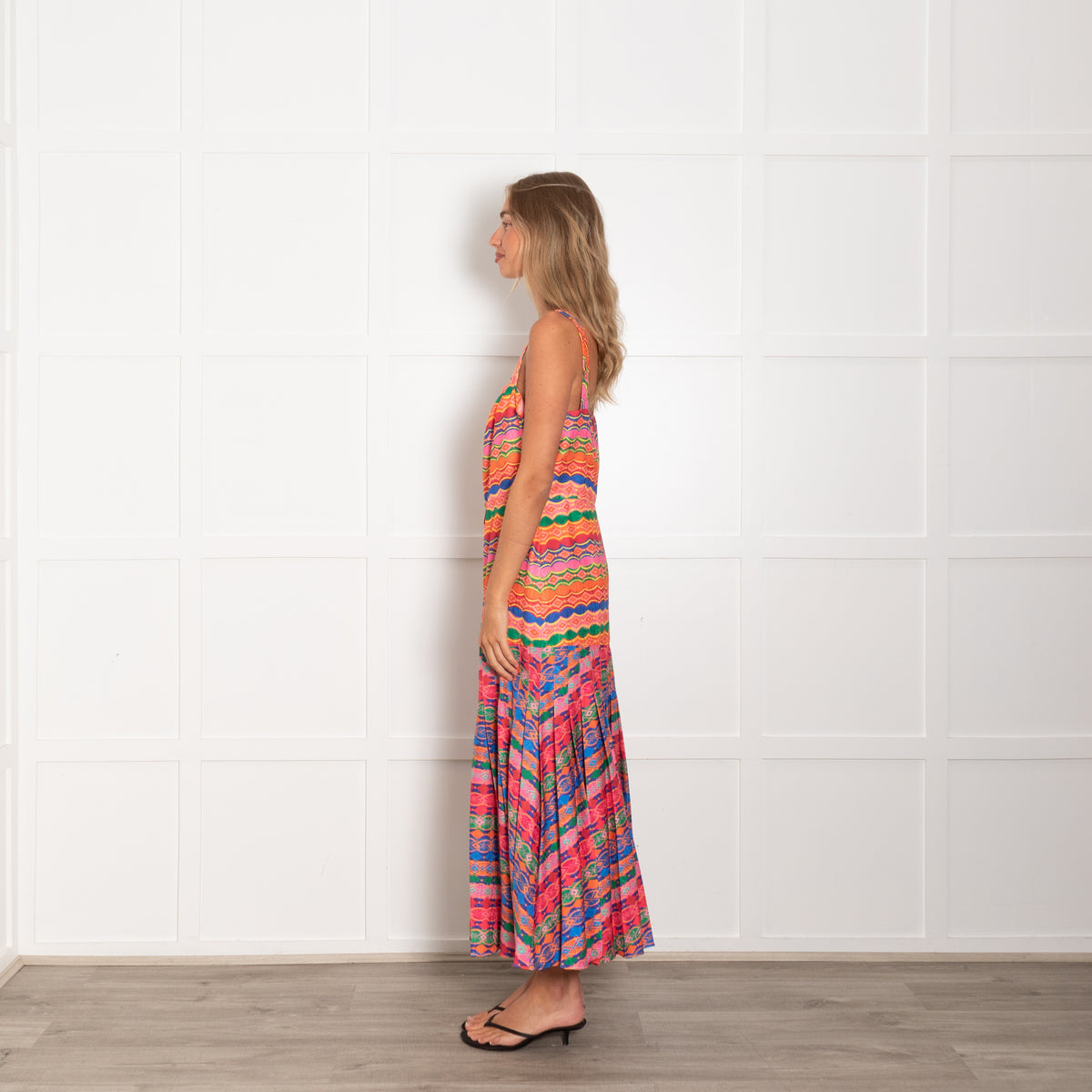 Saloni Multicolour Geometric Print Pleated Sleeveless Dress