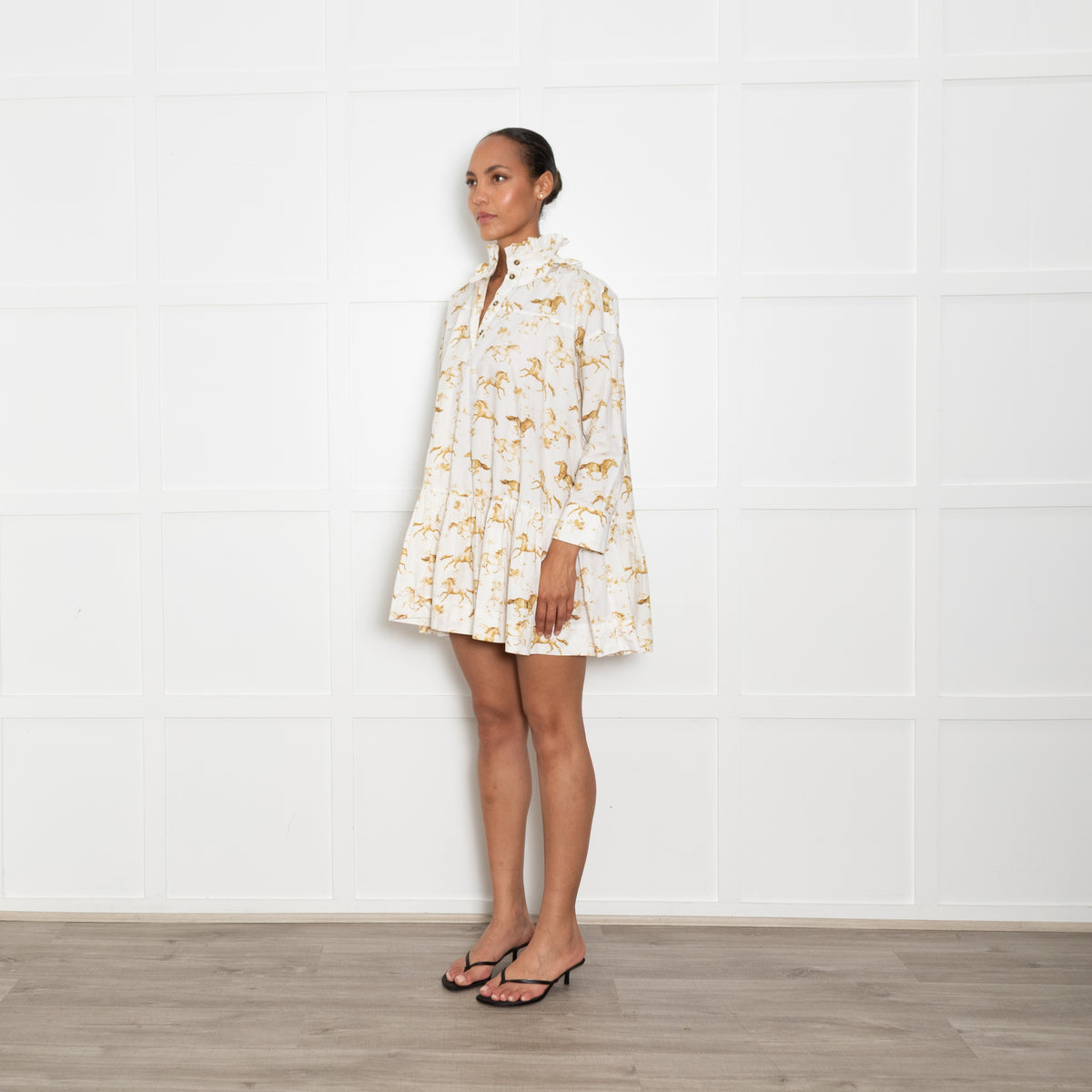 Ganni White Cotton Frilled Horse Print Mini Dress