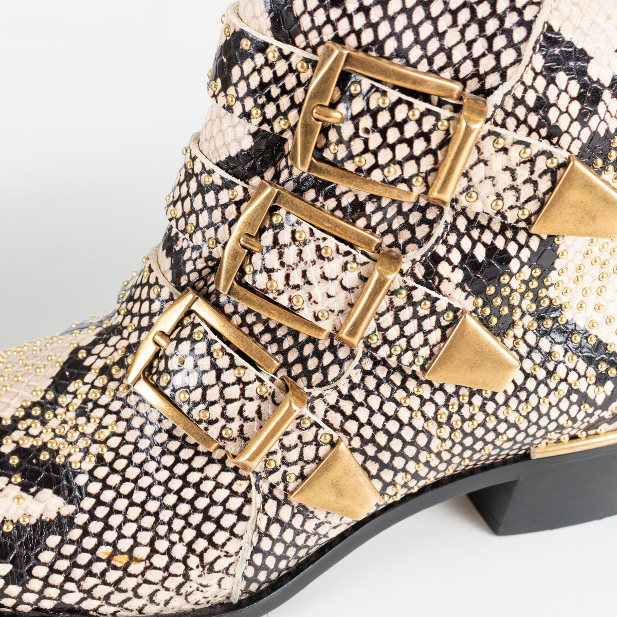 Chloe Beige Black Animal Print Leather Gold Stud Suzanna Ankle Boots