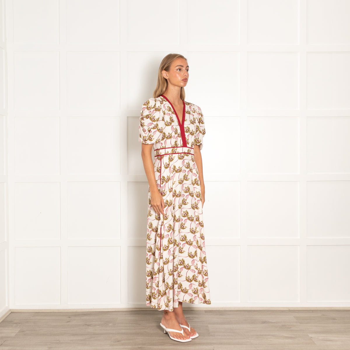 Me  + Em Cream and Burgundy  Silk Waterlily Print Dress