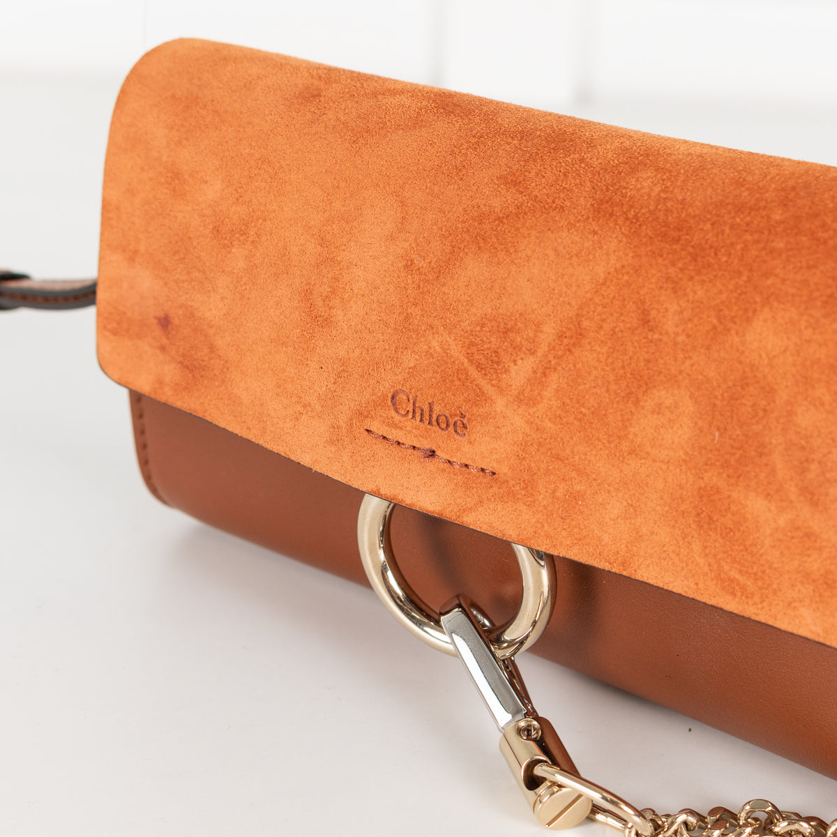 Chloe Faye Wallet on Chain in Rich Tan Suede